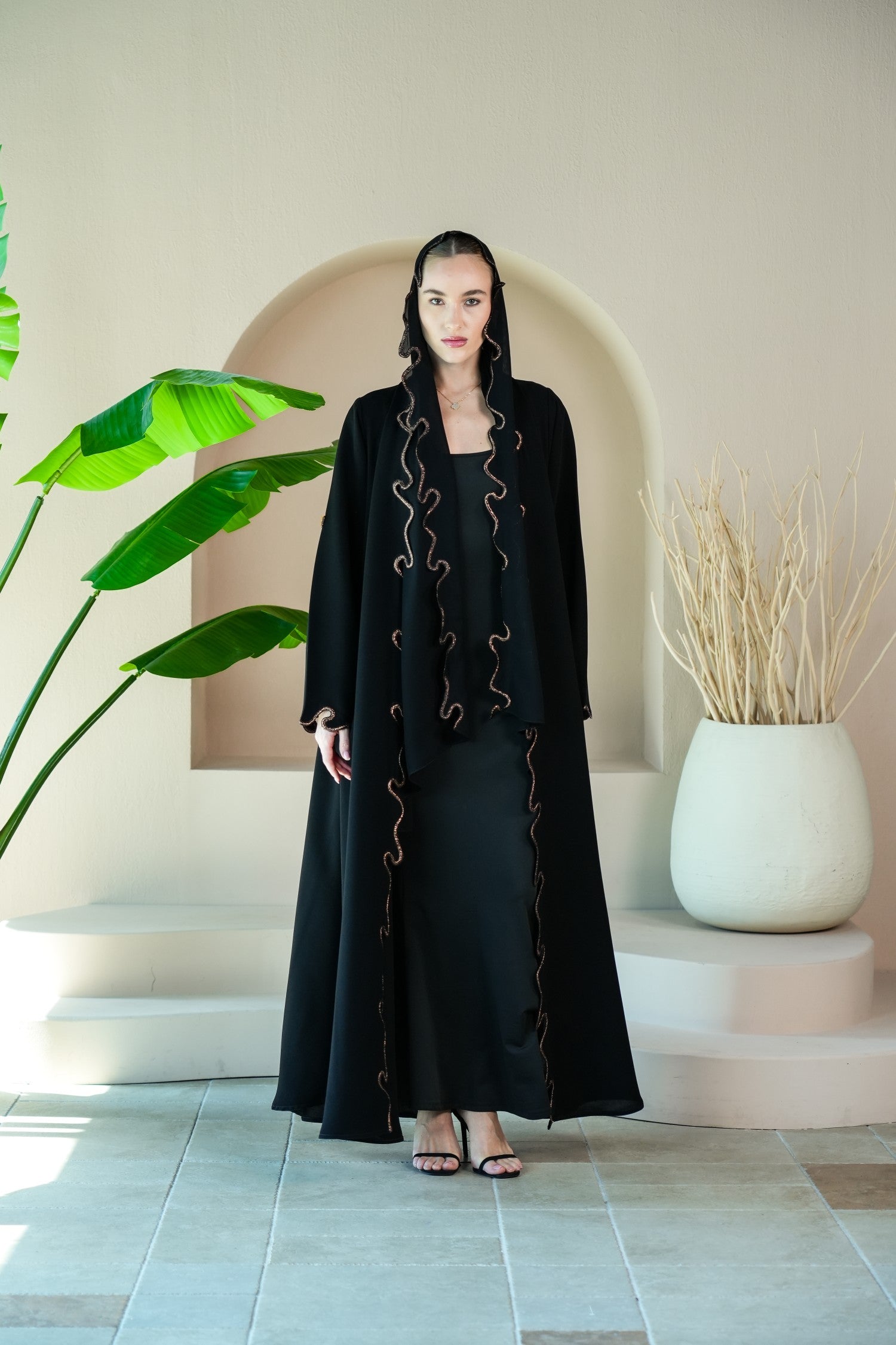 S017 - Saaib Abaya-custom abayas, luxury abayas, elegant abayas, modest fashion, bespoke abayas, handmade abayas, Qatar fashion