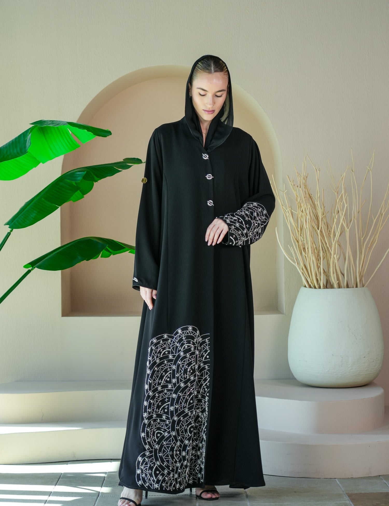 S034 - Saaib Abaya-custom abayas, luxury abayas, elegant abayas, modest fashion, bespoke abayas, handmade abayas, Qatar fashion