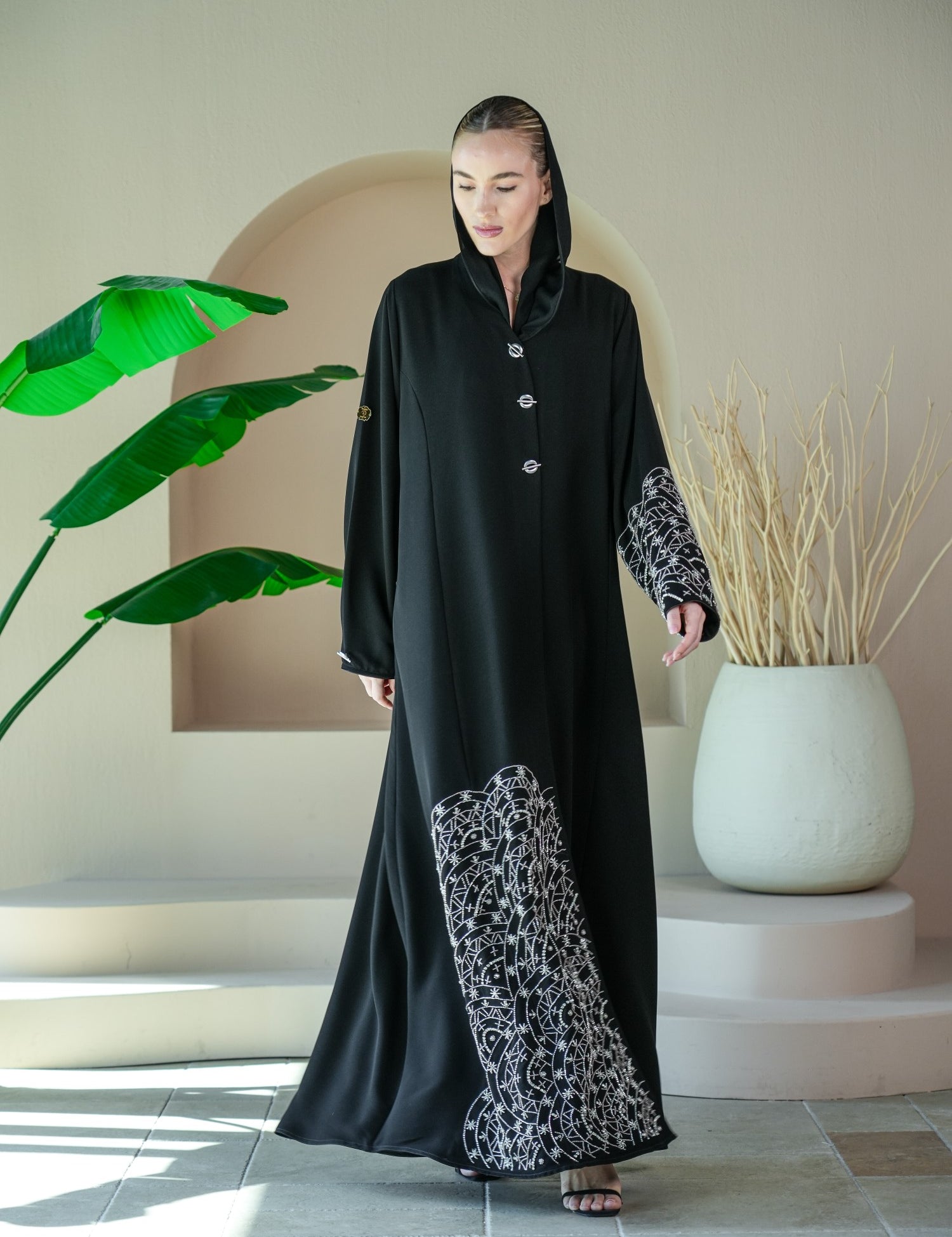 S034 - Saaib Abaya-custom abayas, luxury abayas, elegant abayas, modest fashion, bespoke abayas, handmade abayas, Qatar fashion