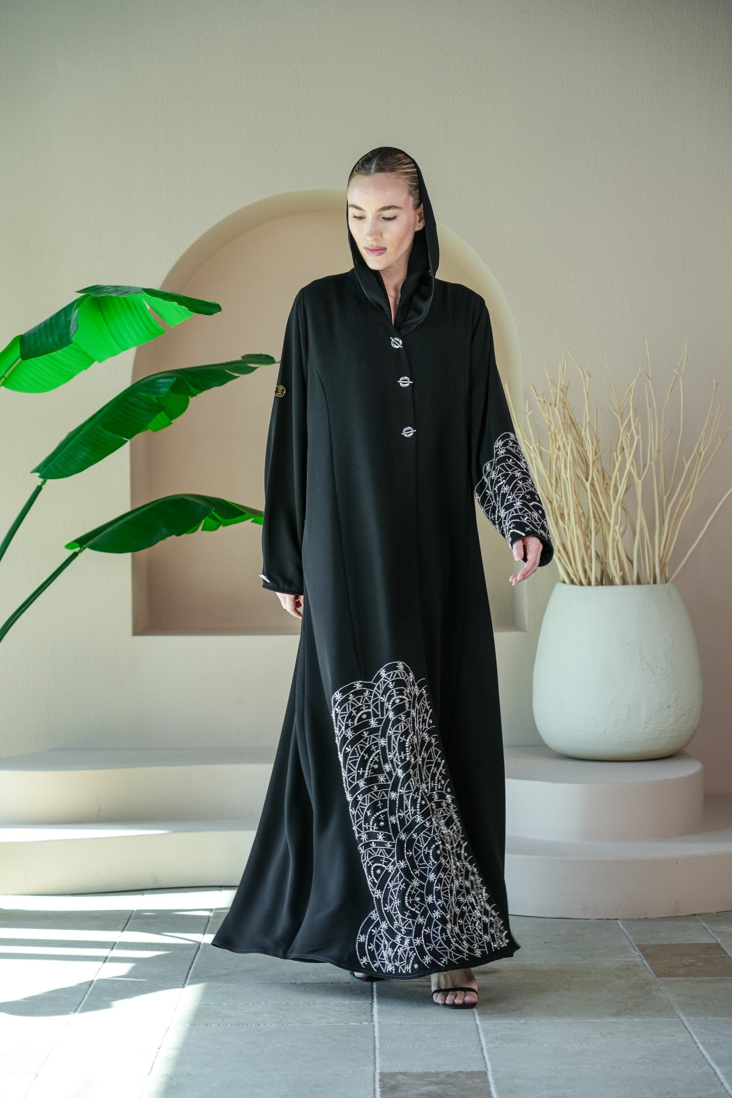 S034 - Saaib Abaya-custom abayas, luxury abayas, elegant abayas, modest fashion, bespoke abayas, handmade abayas, Qatar fashion