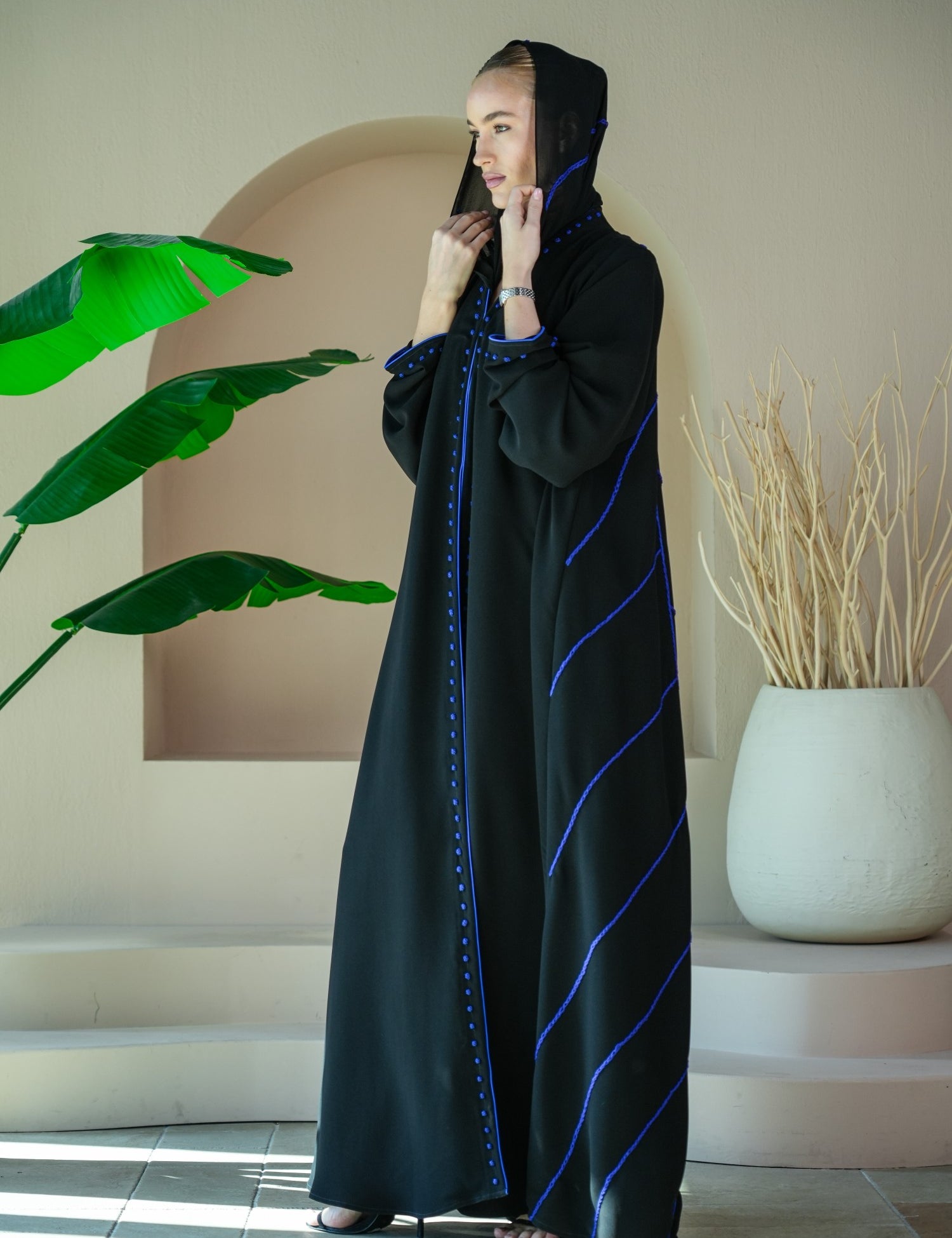 S029 - Saaib Abaya-custom abayas, luxury abayas, elegant abayas, modest fashion, bespoke abayas, handmade abayas, Qatar fashion