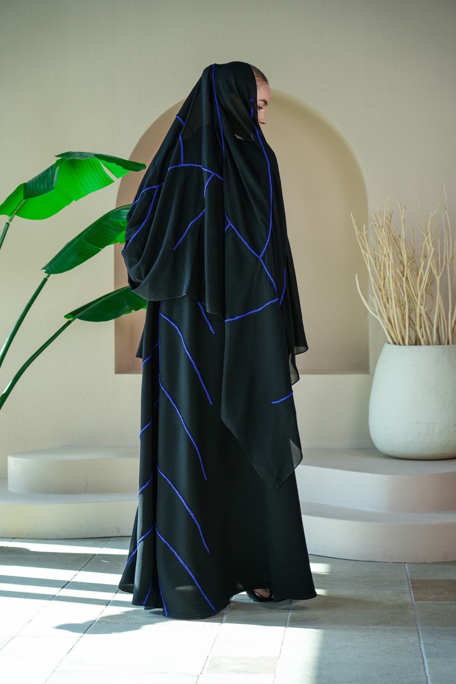 S029 - Saaib Abaya-custom abayas, luxury abayas, elegant abayas, modest fashion, bespoke abayas, handmade abayas, Qatar fashion