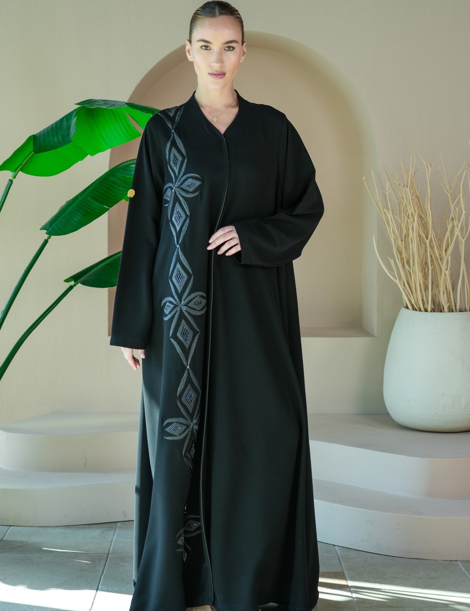 S027 - Saaib Abaya-custom abayas, luxury abayas, elegant abayas, modest fashion, bespoke abayas, handmade abayas, Qatar fashion