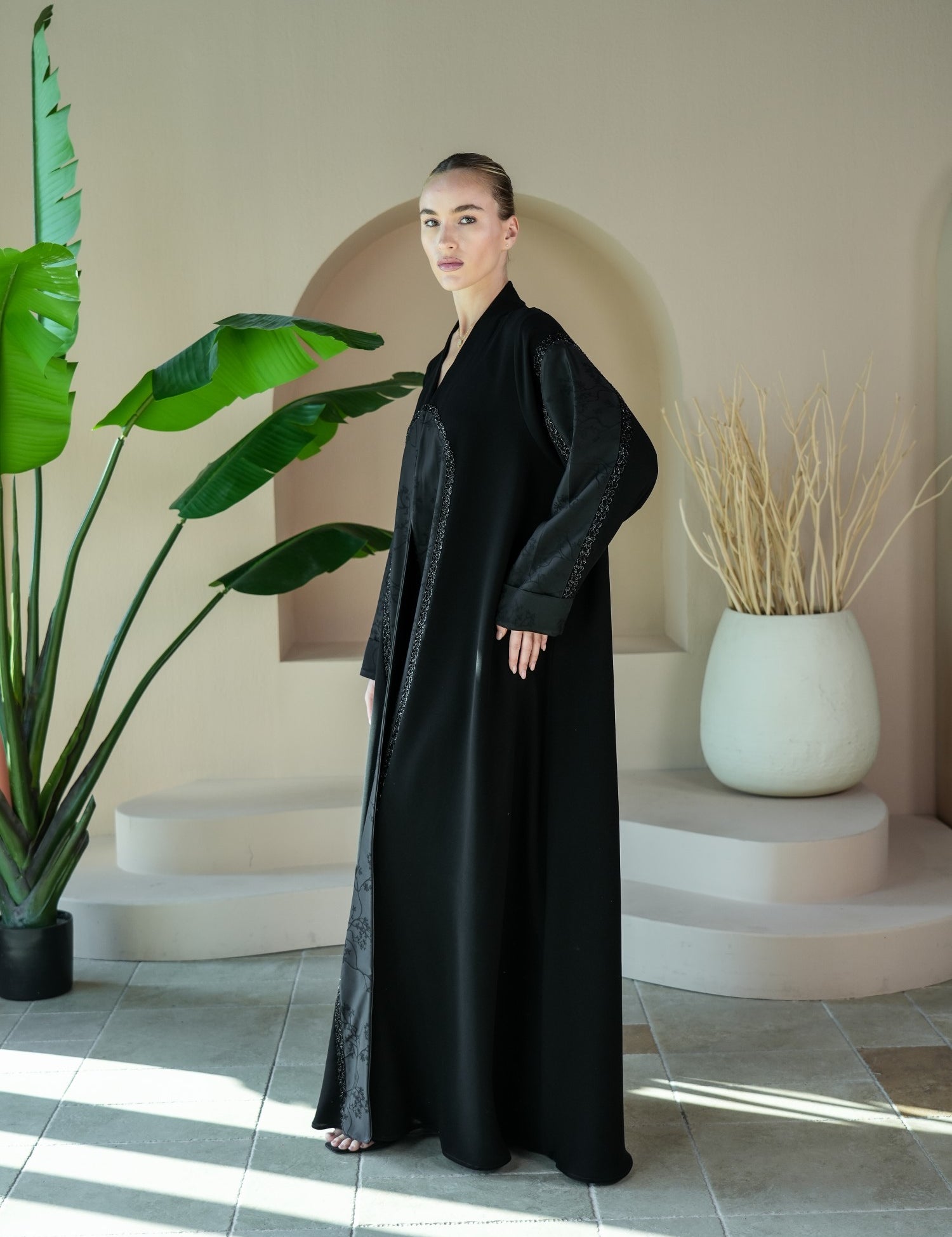 S023 - Saaib Abaya-custom abayas, luxury abayas, elegant abayas, modest fashion, bespoke abayas, handmade abayas, Qatar fashion