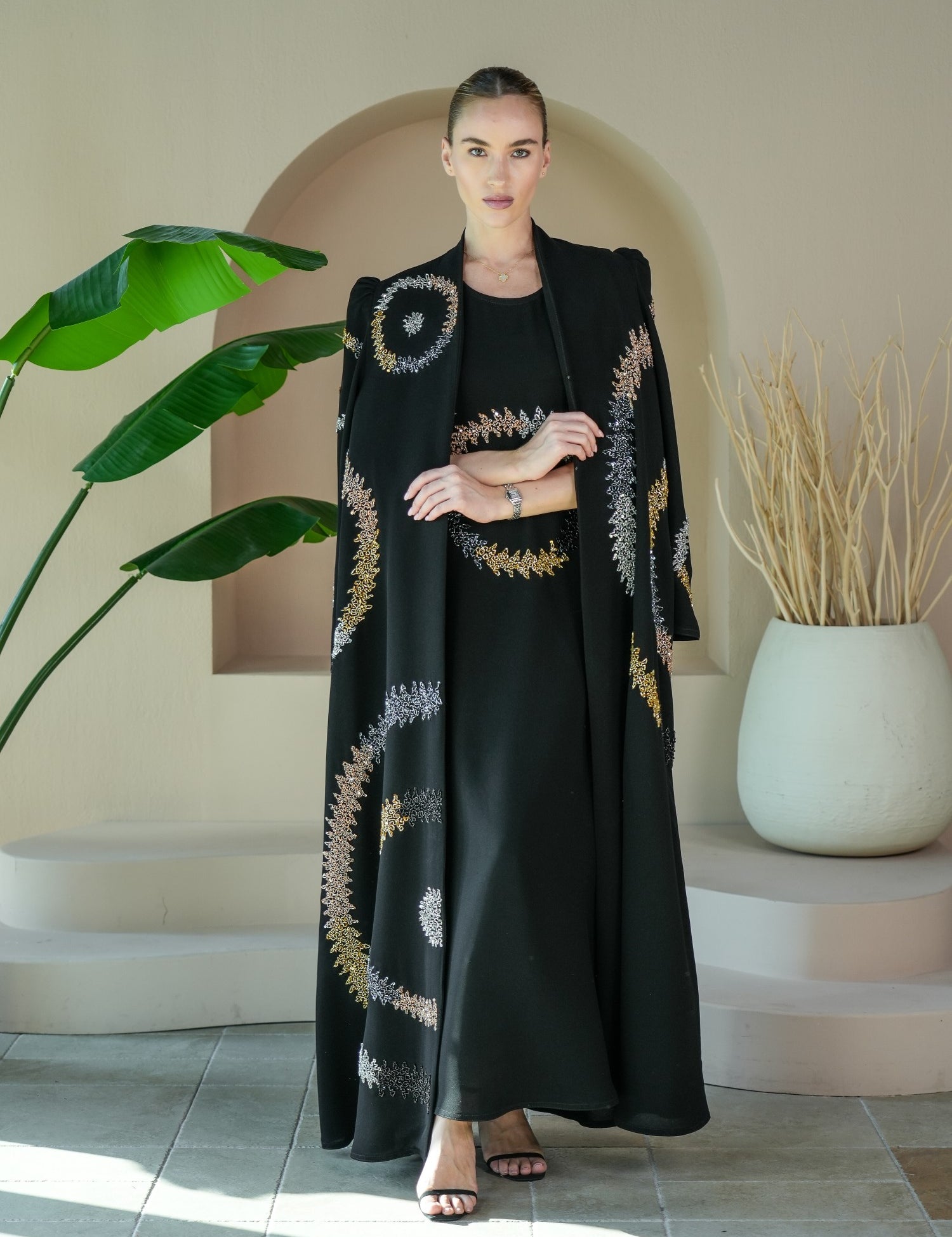 S022 - Saaib Abaya-custom abayas, luxury abayas, elegant abayas, modest fashion, bespoke abayas, handmade abayas, Qatar fashion