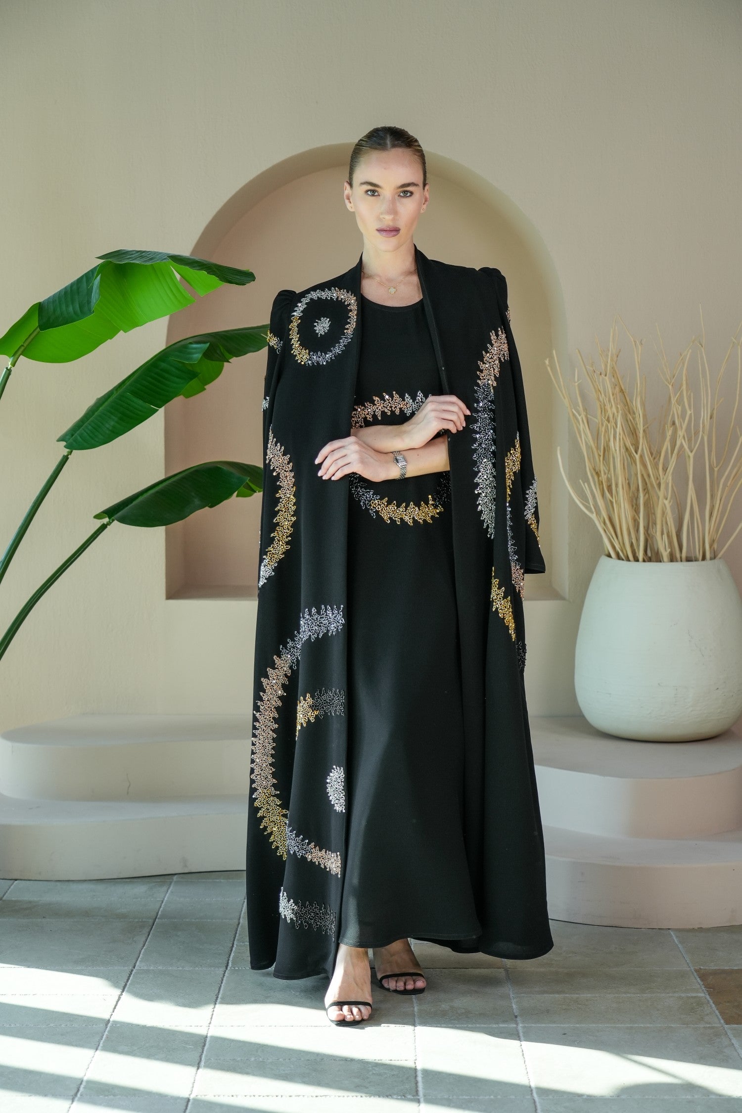 S022 - Saaib Abaya-custom abayas, luxury abayas, elegant abayas, modest fashion, bespoke abayas, handmade abayas, Qatar fashion