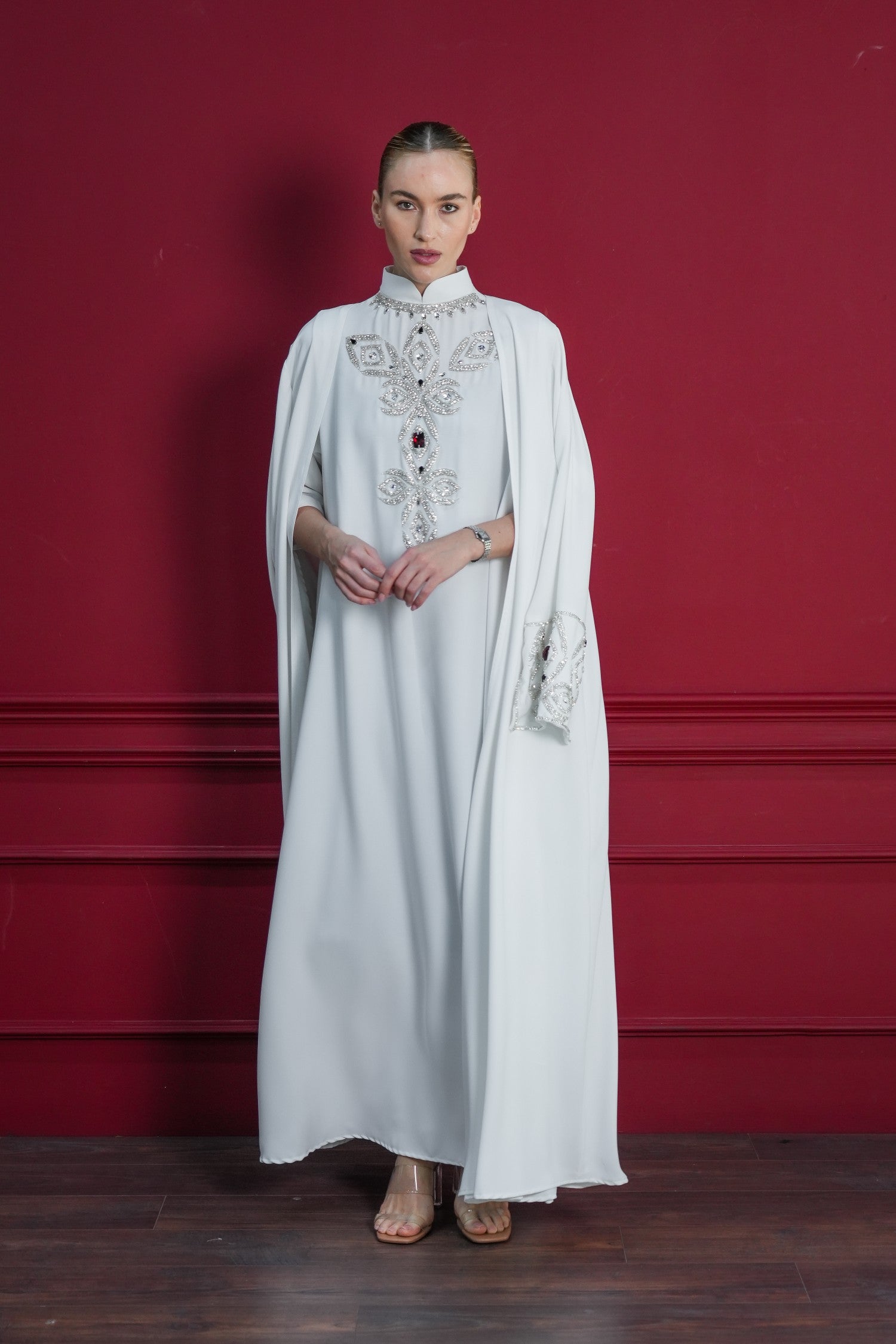 S018 - Saaib Abaya-custom abayas, luxury abayas, elegant abayas, modest fashion, bespoke abayas, handmade abayas, Qatar fashion